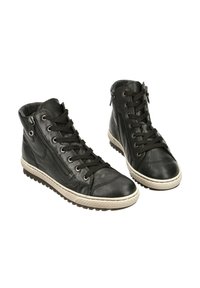 Schwarze High-Top-Sneaker aus Leder mit strukturierter Oberfläche, Schnürdesign, seitlichen Reißverschlüssen und Gummisohlen mit gemustertem Profil.