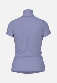 Helllila Kurzarmhemd mit hohem Kragen, aus glattem Stoff gefertigt. Verfügt über ein tailliertes Design und subtile Nähte.