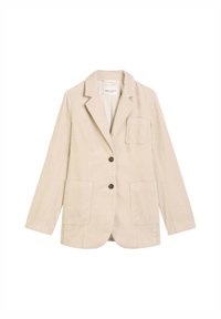 Beige corduroy blazer met notch lapel, twee voorzakken, één borstzak en twee donkere knopen, weergegeven op een witte achtergrond.