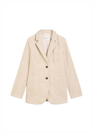 Blazer in velluto a costine beige con rever a punte, due tasche frontali, una tasca sul petto e due bottoni scuri, mostrato su sfondo bianco.
