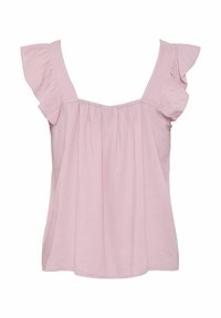 Canotta rosa chiaro con spalle arricciate, scollatura quadrata e tessuto arricciato. Realizzata in un materiale morbido e leggero.