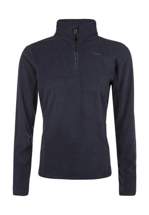 Pullover in pile blu navy a maniche lunghe con collo alto e chiusura frontale con mezza zip.