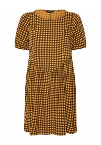 Braun und senfgelb kariertes Kleid mit kurzen Puffärmeln, Rundhalsausschnitt und gerafftem Taillendesign. Hergestellt aus leichtem Stoff.