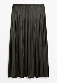 Gelaagde lange rok in donkergrijze satijn met een gladde textuur en een vloeiende silhouet, voorzien van een elastische tailleband voor comfort.