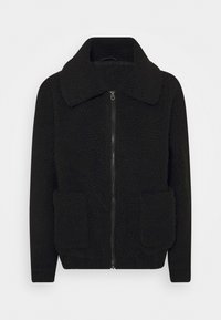 Zwarte fleece zip-up jas met grote kraag en twee voorkunia's, van een textuur zacht stof, lange mouwen en aansluitende manchetten.