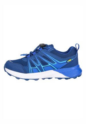 Chaussure de sport bleue en matériau mesh et synthétique, avec une semelle texturée, des lacets élastiques et des accents bleus contrastants sur le dessus.