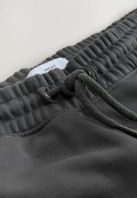 Gray athleisure shorts featuring elastic waistband, drawstring with round metal eyelets, and a small white label marked "NEXT."