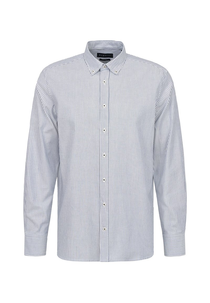 Chemise à boutons pour hommes, manches longues, en coton, rayures verticales bleu et blanc, col pointu, six boutons à l'avant, accents aux poignets.