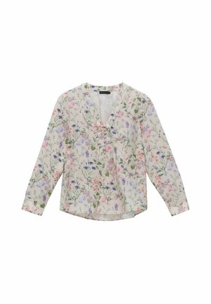 Blouse légère avec un motif floral en rose, violet et vert sur un fond beige. Elle possède des manches longues et un décolleté en V.