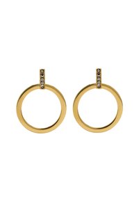 Złote kolczyki koła o gładkim wykończeniu. Każdy z nich ma mały akcent z czterema okrągłymi kamieniami na górnym mocowaniu.