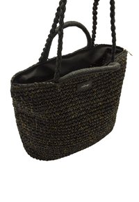 Borsa tote nera tessuta con manici intrecciati, superficie testurizzata e chiusura con zip. Presenta un filo d'accento dorato e una fodera in tessuto.