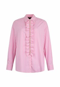 Chemise rose à manches longues avec rayures verticales blanches, col pointu et parement plissé à volants central avec couture décorative.