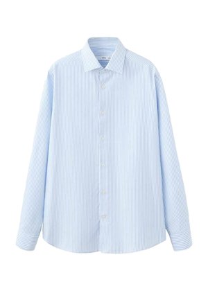 Light blue long-sleeve shirt with vertical white stripes, button-down collar, and button front closure. Fabric appears smooth and lightweight.