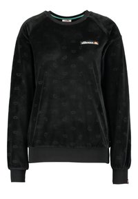 Sudadera de felpa negra de manga larga con un sutil patrón de logotipo en relieve y un pequeño logotipo blanco de ellesse en el lado izquierdo del pecho.