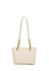 Borsa a tracolla in pelle beige con finitura testurizzata, caratterizzata da catene dorate e forma rettangolare, progettata per l'uso quotidiano.