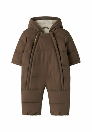 Bruine gewatteerde baby-sneeuwoverall met capuchon, lange mouwen en ritssluitingen over de volle lengte aan de voorkant, gevoerd met zachte fleece.