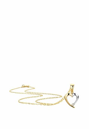 Collier en pendentif en forme de cœur en or et en argent avec un petit accent en diamant. Présente une chaîne à maillons décorative et une finition polie.