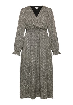 Sort omslagskjole med blomsterprint. Lange pufærmer, v-hals, tætsiddende talje. Fremstillet af letvægtsstof med blød tekstur.