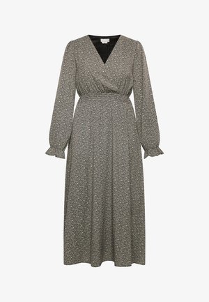 Sort omslagskjole med blomsterprint. Lange pufærmer, v-hals, tætsiddende talje. Fremstillet af letvægtsstof med blød tekstur.