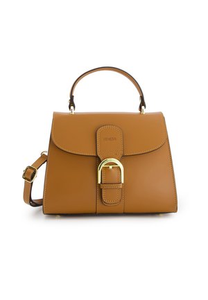 Tan leather handbag with structured design, a top handle, adjustable crossbody strap, and gold-tone buckle accent. "VENEZIA" logo embossed.