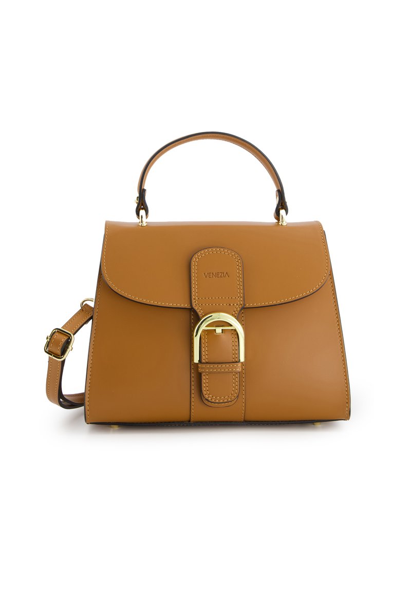 Tan leather handbag with structured design, a top handle, adjustable crossbody strap, and gold-tone buckle accent. "VENEZIA" logo embossed.