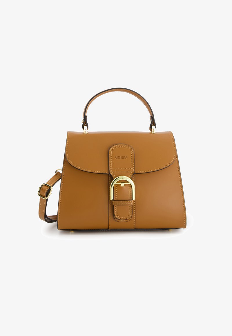 Tan leather handbag with structured design, a top handle, adjustable crossbody strap, and gold-tone buckle accent. "VENEZIA" logo embossed.