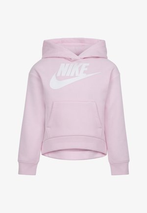 Gaiši rozā kapuces džemperis ar baltu Nike logo, priekšējo kabatu un ribotām piedurknēm un apakšmalu. Izgatavots no mīksta, izturīga auduma.