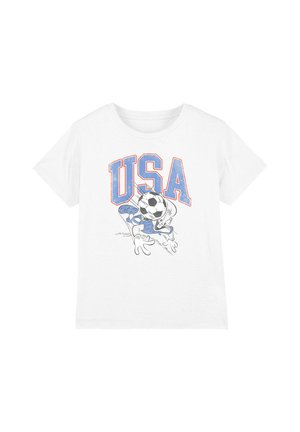 White T-shirt with large blue and red "USA" text and a cartoon character heading a soccer ball below the text.