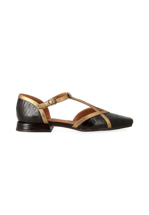 Scarpa nera con texture, tacco basso con cinturini dorati, punta appuntita e cinturino alla caviglia con fibbia, vista laterale su sfondo bianco.