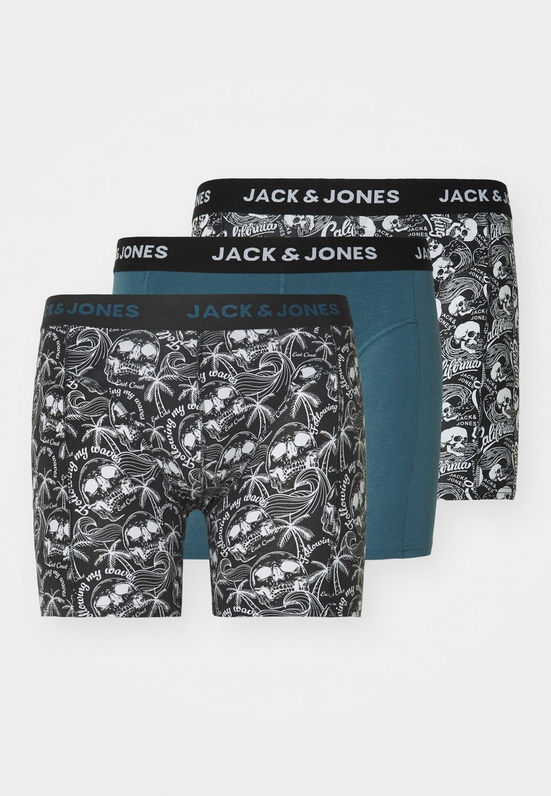 Tre paia di boxer JACK & JONES: neri con stampa di teschi e palme, teal e neri con grafiche bianche a fantasia. Ampie cinture nere.
