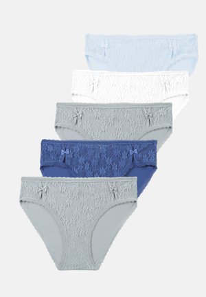 Set of five lace panties in light blue, white, and shades of gray. Features floral patterns, soft material, and small decorative bows.