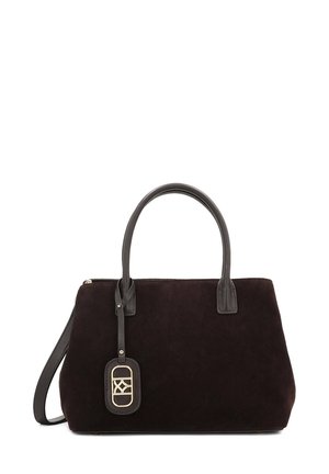 Black suede handbag with dual flat handles, smooth leather accents, gold hardware tag, structured shape, and a zip closure.