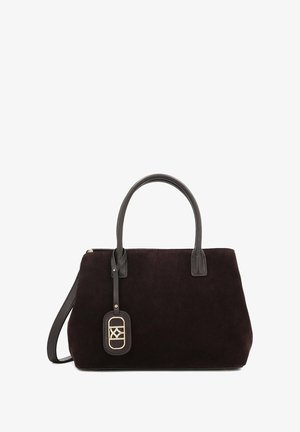 Black suede handbag with dual flat handles, smooth leather accents, gold hardware tag, structured shape, and a zip closure.