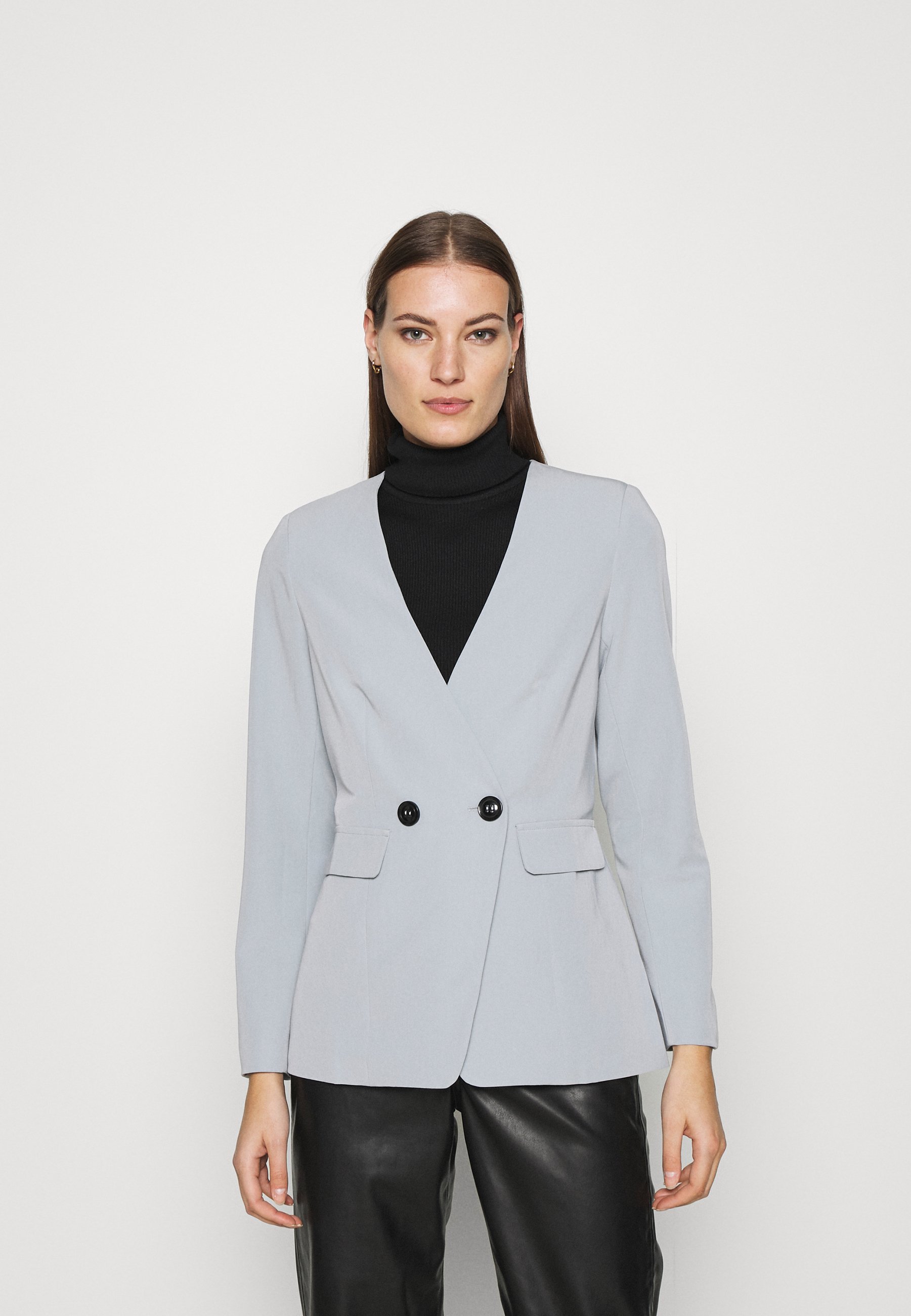 grey collarless jacket