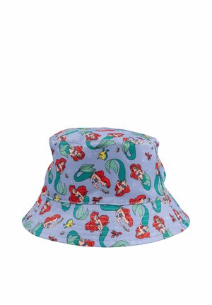 Light blue bucket hat patterned with repeated images of a red-haired mermaid, a yellow fish, and a small red crab.