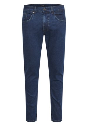 Dunkelblaue Denim-Jeans mit einer schmalen Passform, fünf Taschen, kontrastierenden Nähten und einem Metallknopfverschluss vorne.