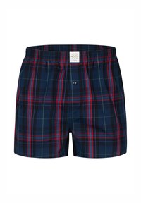 Geruite boxers in marineblauw, groen en rood; voorzien van een elastische tailleband, een knoopsluiting aan de voorkant en een label op de tailleband.