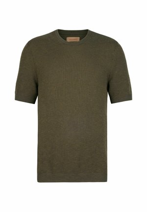 Maglione lavorato a maglia a maniche corte in verde oliva con scollo rotondo e tessuto strutturato.