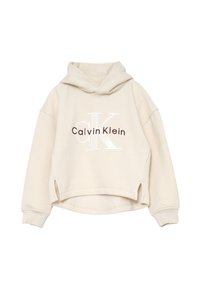 Felpa cropped beige con cappuccio, maniche lunghe, spacchi laterali e logo "Calvin Klein" in marrone e bianco sul davanti.