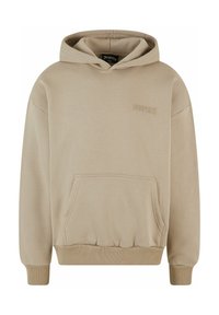 Beige hoodie med snøre i hætten, forlommer og ribbet manchetter ogkant. Har et præget "DROPSIZE" logo på brystet. Materialet er bomuld.