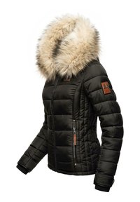 Black puffer jacket with a detachable, faux fur hood. Features quilted texture, side zip pockets, and leather accents on the shoulder.