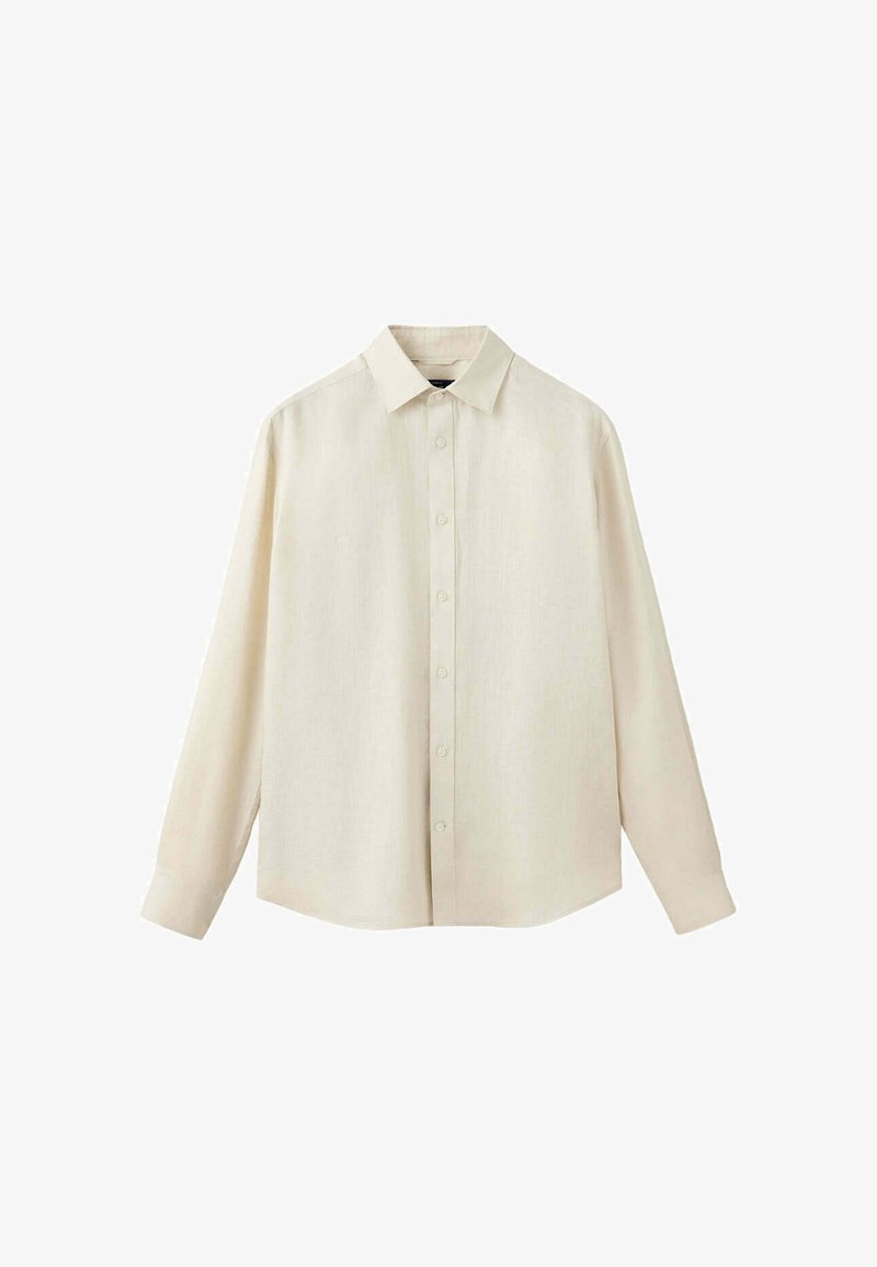 Chemise beige à manches longues avec boutons et col, présentée sur fond blanc.