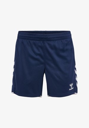 Mörkblåa träningsshorts med elastisk midjeband, vita chevronränder på sidorna och liten vit hummel-logo på framre högra benet.