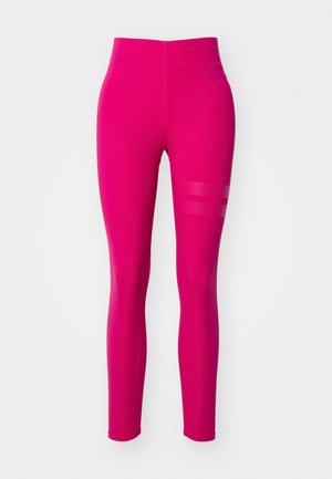 Pink high-waisted leggings made of stretchy fabric with a smooth texture, featuring horizontal striped accents in a mesh pattern on the side.