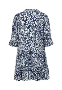 Marinblå och vit mönstrad klänning med korta volangärmar, rund halsringning och lager-på-lager nederdel. Tillverkad av lättviktsmaterial med en flödande design.