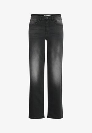 Jeans in denim nero con un design a gamba dritta, caratterizzati da una finitura sbiadita, tasche frontali e chiusura con bottone.