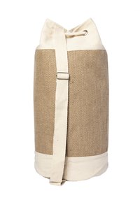 Canvas- und Jute-Reisetasche mit verstellbarem Schultergurt und Kordelzugverschluss auf weißem Hintergrund.