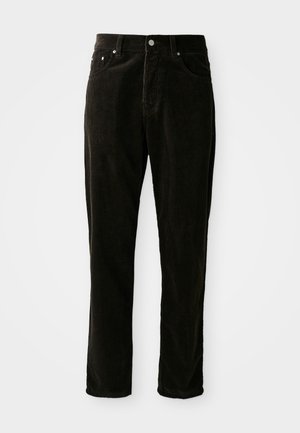 Black corduroy pants featuring a straight-leg design, textured fabric, and five-pocket styling with metal hardware accents.