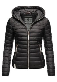 Black quilted puffer jacket with hood, featuring zippered front and side pockets. Material is glossy, with horizontal stitching and metallic accents.
