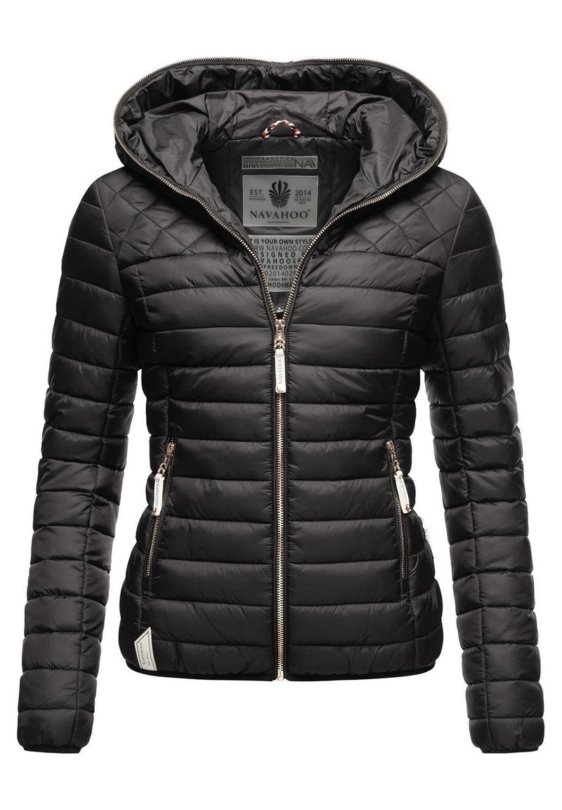 Black quilted puffer jacket with hood, featuring zippered front and side pockets. Material is glossy, with horizontal stitching and metallic accents.